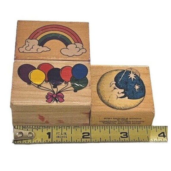 Stamps Balloons Rainbow Clouds Moon Stars Wood Mounted Rubber Vintage 3pc Lot - Picture 3 of 7
